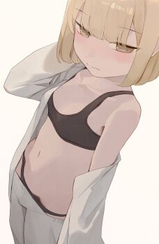1girl black_bra black_panties blonde_hair bra closed_mouth flat_chest highres hiroki_(yyqw7151) open_clothes open_shirt original panties pants shirt short_hair simple_background solo underwear white_pants white_shirt yellow_eyes