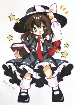 1girl :d adjusting_clothes adjusting_headwear asymmetrical_hair black_capelet black_hat black_shoes black_skirt blush_stickers book bow brown_eyes brown_hair capelet collared_shirt commentary dated deformed frilled_skirt frills furiba_794 hair_between_eyes hair_bow hat hat_bow highres holding holding_book long_sleeves mary_janes medium_hair necktie notice_lines open_mouth red_necktie ribbon-trimmed_capelet ribbon-trimmed_skirt ribbon_trim shirt shoes simple_background skirt smile socks solo standing star_(symbol) touhou usami_renko white_background white_bow white_shirt white_socks wide_brim