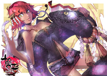 Rule 34 | 1girl, 2013, animal, bare arms, bare shoulders, black bustier, black skirt, black snake, border, breasts, bustier, collarbone, commentary request, cowboy shot, cross-laced clothes, cross-laced skirt, dark-skinned female, dark skin, dutch angle, giant snake, green eyes, hair between eyes, lips, looking at viewer, medium breasts, metal belt, microskirt, navel, original, outside border, oversized animal, parted lips, red hair, rope, shide, shimenawa, short hair, skirt, snake, solo, standing, stregoicavar, white border, white snake, yellow background