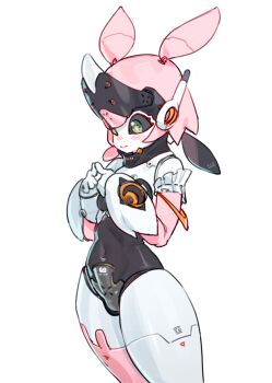 1girl :> arm_garter blush closed_mouth commentary_request covered_navel cropped_legs green_eyes humanoid_robot index_fingers_together joints k_hara17_d korean_commentary mechanical_arms mechanical_ears mechanical_legs robot robot_girl robot_joints simple_background smile solo thighs white_background yutane_johiel zenless_zone_zero