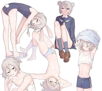 1boy androgynous animal_ears bags_under_eyes black_eyes blush braid crossdressing crossdressing_(mtf) double_bun dungeon_meshi elf grey_hair hair_bun highres lazy_eye loafers looking_at_viewer male_focus mchi125 mithrun multiple_scars multiple_views navel neckerchief nipples notched_ear panties pointy_ears ponytail rabbit_ears rabbit_tail sailor_collar scar school_swimsuit school_uniform serafuku shirt shoes short_hair simple_background skirt socks solo_focus swimsuit tail trap underwear underwear_only undressing uneven_eyes wavy_hair whistle whistle_around_neck white_background