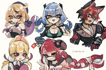 1boy 4girls :d alice_thymefield animal_ears bare_shoulders black_choker black_hair black_jacket black_sailor_collar blonde_hair blue_hair blue_tongue breasts choker cleavage colored_tongue cowlick grin heterochromia highres jacket komano_manato large_breasts looking_at_viewer lucia_elowen monster_girl multicolored_hair multiple_girls nintendo open_mouth pink_jacket red_eyes red_hair sailor_collar scylla short_hair simple_background smile splatoon_(series) tentacle_hair two-tone_hair ukinami_yuzuha upper_body white_background yasiro_hayate yellow_eyes yidhari_murphy zenless_zone_zero