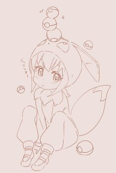 1girl between_legs blush brown_background cosplay eevee eevee_(cosplay) eevee_ears eevee_tail eyebrows_hidden_by_hair female_focus full_body gen_1_pokemon hair_between_eyes hand_between_legs hood hood_up jigatei_(omijin) knees_up looking_at_viewer monochrome nintendo on_head parted_lips poke_ball poke_ball_(basic) poke_kid_(pokemon) pokemon pokemon_swsh pokemon_tail shoes sidelocks simple_background sitting solo tail translation_request