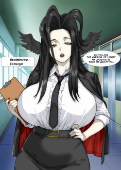 1girl bird_girl bird_wings black_hair black_lips black_nails colored_skin english_text feathered_wings final_fantasy final_fantasy_xiv hair_intakes hallway head_wings high-waist_skirt highres holding holding_notepad indoors jamjamstyle long_hair looking_at_viewer monster_girl necktie notepad off-shoulder_jacket off_shoulder pale_skin parted_lips school shirt skirt speech_bubble teacher the_endsinger white_shirt white_skin wings yellow_eyes