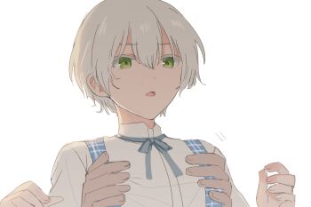 2boys androgynous commentary_request dot_nose grabbing_from_behind green_eyes grey_ribbon hair_between_eyes hands_up looking_to_the_side male_focus motion_lines multiple_boys open_mouth original partial_commentary shirt short_hair simple_background sketch solo_focus sunaba_(nczd5875) surprised suspenders upper_body white-haired_boy_(sunaba_(nczd5875)) white_background white_hair white_shirt