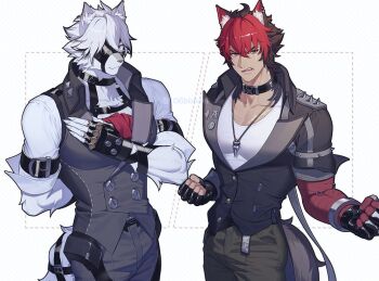 106bbkwii 2boys animal_ear_fluff animal_ears arm_behind_back bicep_strap black_gloves black_hair body_fur cargo_pants claws clenched_hands closed_mouth collar collared_vest colored_tips dog_boy dog_ears dog_tail eyepatch fingerless_gloves furry furry_male gloves green_pants grey_vest hair_between_eyes hand_on_own_chest interspecies jewelry komano_manato light_smile looking_at_viewer multicolored_hair multiple_boys multiple_scars muscular muscular_male muzzle_(mask) necklace open_mouth pants pectorals red_bandage red_eyes red_hair scar scar_across_eye scar_on_chest scar_on_face shirt sleeves_rolled_up spiked_jacket standing tail tail_belt teeth twitter_username vest von_lycaon white_background white_fur white_hair white_shirt wolf_boy wolf_ears wolf_tail zenless_zone_zero