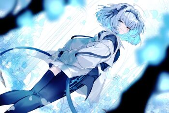 1girl ahoge arms_behind_back bakaouzi999 black_pants black_thighhighs blue_eyes blue_flower blue_hair brown_eyes closed_mouth falling_petals flower from_behind heterochromia highres indie_virtual_youtuber jacket long_sleeves looking_at_viewer looking_back medium_hair open_clothes open_jacket pants petals sayu_sincronisity sayu_sincronisity_(1st_costume) second-party_source single_thighhigh smile solo standing tail thighhighs virtual_youtuber white_jacket