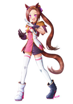 1girl absurdres animal_ears asymmetrical_footwear asymmetrical_gloves black_gloves blush breasts brown_hair commentary_request epaulettes flower_in_eye full_body gloves gold_hairband hairband highres horse_ears horse_girl horse_tail konsu_(konsu1182da) long_hair looking_at_viewer medium_breasts mismatched_footwear mismatched_gloves neckerchief open_mouth ponytail purple_eyes purple_shorts sakura_bakushin_o_(blossom_in_learning)_(umamusume) sakura_bakushin_o_(umamusume) shorts simple_background sleeveless smile solo symbol_in_eye tail thighhighs umamusume white_background white_gloves white_thighhighs yellow_neckerchief