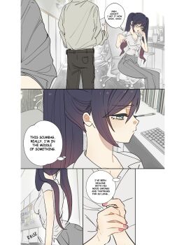 1girl 2boys alternate_costume alternate_universe asymmetrical_bangs black_hair black_pants blouse blush breasts bulletin_board casual chair cleavage closed_mouth collared_shirt commentary contemporary cup disposable_coffee_cup disposable_cup english_commentary facing_another fingernails genshin_impact gradient_hair grey_pants grey_shirt grey_sleeves hair_between_eyes hand_on_own_face hands_up highres indoors long_hair looking_at_another looking_to_the_side medium_breasts mona_(genshin_impact) multicolored_hair multiple_boys office office_lady open_collar open_hand own_hands_together pants pink_hair pink_nails pocket shirt short_sleeves sidelocks sitting sound_effects standing swept_bangs swivel_chair twintails v-neck white_shirt white_sleeves wide_hips ysnden