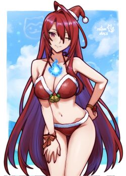 1girl ;) ahoge alternate_costume bell bikini blue_fire blue_hair border breasts closed_mouth colored_inner_hair commentary commission cowboy_shot elizabeth_rose_bloodflame english_commentary fire fire_on_chest fur-trimmed_bikini fur_trim gluteal_fold hair_between_eyes hand_on_own_hip hand_on_own_thigh hat highres hololive hololive_english huge_ahoge large_breasts legs_together long_hair looking_at_viewer mini_hat multicolored_hair one_eye_closed outside_border red_bikini red_eyes red_hair rotomdocs santa_bikini santa_costume santa_hat smile solo standing swimsuit thigh_gap two-tone_hair very_long_hair virtual_youtuber white_border