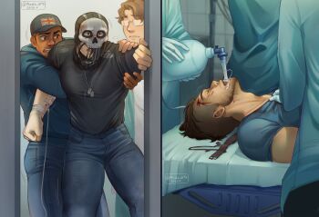 4boys absurdres baseball_cap black_hair black_shirt blood blood_on_face blue_hoodie blue_pants blue_shirt call_of_duty call_of_duty:_modern_warfare_2 closed_eyes dark-skinned_male dark_skin facial_hair gaz_(call_of_duty_4) ghost_(modern_warfare_2) hat highres hood hoodie injury looking_at_another lying male_focus mask mindiearts multiple_boys on_back open_mouth pants shirt short_hair skull_mask soap_(modern_warfare_2) torn_mask