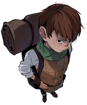 1boy armor bag black_eyes black_pants boots brown_boots brown_hair chilchuck_tims commentary_request dungeon_meshi fingerless_gloves gloves highres leather_armor looking_at_viewer male_focus neck_warmer pants perspective shirt simple_background solo standing sweat wahootarou white_background white_shirt