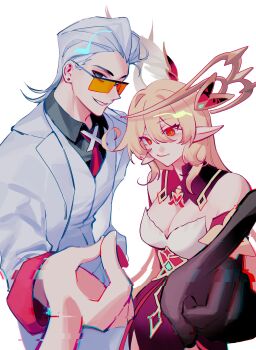 1boy 1girl absurdres alice_(genshin_impact) bare_shoulders black_gloves black_shirt blonde_hair breasts cleavage closed_mouth collared_shirt commentary crossover detached_sleeves dress earrings english_commentary genshin_impact glitch gloves grey_eyes grin hair_between_eyes hair_slicked_back halo hat highres jacket jewelry kaitotties lapels long_hair looking_at_viewer medium_breasts mullet necktie notched_lapels open_clothes open_jacket orange-tinted_eyewear orange_eyes pointing pointing_at_viewer pointy_ears rectangular_eyewear red_dress red_eyes red_necktie shirt short_hair sideways_mouth simple_background smile snapping_fingers stud_earrings sunglasses tinted_eyewear to_be_hero to_be_hero_x trait_connection vest white_background white_hair white_jacket white_vest wing_collar witch_hat x_(to_be_hero_x) x_ornament