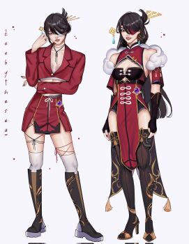 1girl alternate_costume alternate_hairstyle artist_name asian beidou_(genshin_impact) black_gloves black_nails blazer boots breasts brown_boots brown_hair china_dress chinese_clothes chinese_hairpin cleavage cleavage_cutout closed_mouth clothing_cutout cord_choker crop_top cropped_jacket dress earrings elbow_on_arm eyelashes eyepatch fingerless_gloves fingernails folded_hair front_slit full_body fur_trim gem genshin_impact gloves gold_trim hair_ornament hair_over_one_eye hair_stick half-closed_eyes high_heel_boots high_heels highres jacket jewelry knee_boots long_fingernails long_hair looking_at_viewer mandarin_collar multiple_views pelvic_curtain red_dress red_eyes red_jacket red_skirt single_earring skirt smile standing thick_lips thigh_boots thighhighs underboob_cutout white_background white_thighhighs zeebythesea