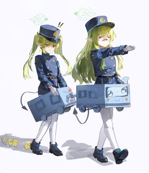 ! !! 2girls :< =_= ^^^ absurdres armband baby_animal bird black_footwear black_tail blue_archive blue_armband blue_hat blue_jacket boots box breaking buttons cardboard chick chicken closed_mouth commentary crash demon_tail dot_mouth double-breasted fake_facial_hair fake_mustache flat_chest following front-to-back full_body gloves green_hair green_halo hair_between_eyes halo hat highres hikari_(blue_archive) hmj0128 holding holding_box jacket long_hair long_sleeves looking_at_object looking_down multiple_girls nozomi_(blue_archive) outstretched_arm pantyhose playing pointy_ears queue shadow shako_cap siblings sidelocks simple_background sisters surprised tail train train_conductor twins twintails v-shaped_eyebrows walking white_background white_gloves white_pantyhose yellow_eyes