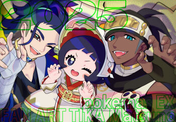 1girl 2025 2boys ;d adaman_(pokemon) alternate_color arm_wrap black_hair blue_eyes blue_hair blush_stickers bright_pupils brown_eyes claw_pose commentary_request dark-skinned_male dark_skin eyelashes fangs gen_2_pokemon gen_8_pokemon hands_up happy highres matsuno_tika multicolored_hair multiple_boys nintendo official_alternate_costume one_eye_closed open_mouth partial_commentary pokemon pokemon_(creature) pokemon_legends:_arceus pokemon_masters_ex poppy_(new_year&#039;s_2025)_(pokemon) poppy_(pokemon) raihan_(new_year&#039;s_2025)_(pokemon) raihan_(pokemon) sandaconda shiny_pokemon smile steelix two-tone_hair
