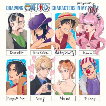 3girls 5boys armlet ascot black_hair blonde_hair blue_eyes blue_hair blunt_bangs bow bowtie brothers buggy_the_clown character_name cowboy_hat crocodile_(one_piece) crown curly_eyebrows eyewear_on_head green_ascot hair_slicked_back hashtag-only_commentary hat heart highres jewelry looking_at_viewer monkey_d._luffy multiple_boys multiple_drawing_challenge multiple_girls nami_(one_piece) necklace nico_robin nico_robin_(whisky_peak) one_piece orange_hair orange_hat pearl_necklace penginius perona pink_bow pink_bowtie pink_hair portgas_d._ace purple_ascot purple_hat purple_shirt red_lips red_nose sanji_(one_piece) scar scar_on_face shirt short_hair siblings sleeveless smile smoke straw_hat thumbs_up twintails