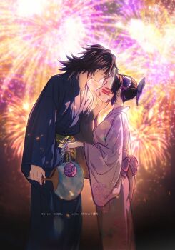 1boy 1girl absurdres blue_kimono breasts butterfly_hair_ornament couple fireworks fox_mask hair_between_eyes hair_ornament hand_on_another&#039;s_cheek hand_on_another&#039;s_face hetero highres holding holding_paddle japanese_clothes kimetsu_no_yaiba kimono kochou_shinobu long_hair mask medium_breasts niku_(ni23ku) paddle parted_bangs pink_kimono sidelocks tomioka_giyuu twitter_username upper_body wide_sleeves