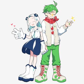 1boy 1girl :d antenna_hair blue_skirt boots closed_eyes colored_eyelashes commentary daimonji_ryugon eyewear_around_neck flower full_body green_hair green_nails green_pants hair_flower hair_ornament haneuzu_miuneru heart highres holding_hands interlocked_fingers lace-up_boots long_hair long_sleeves multicolored_hair onpa_(onpa_sound) open_mouth pants pleated_skirt red-tinted_eyewear red_scarf round_eyewear scarf shirt short_hair simple_background skirt smile sparkle standing sunglasses sweater symbol-only_commentary tinted_eyewear two-tone_hair virtual_youtuber voms white_background white_boots white_hair white_shirt white_sweater