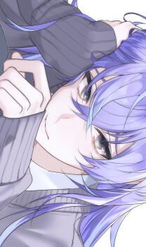 1boy blue_hair commentary_request grey_eyes grey_sweater head_rest highres hoshirube_sho kokuto_(bsmilk) long_hair long_sleeves male_focus multicolored_eyes multicolored_hair nijisanji portrait purple_hair red_eyes rotated shirt simple_background sleeves_past_wrists solo streaked_hair sweater two-tone_eyes virtual_youtuber white_background white_shirt