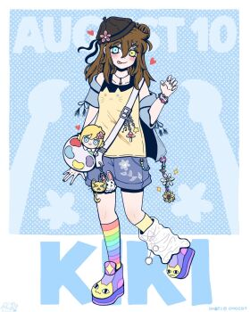 1girl :p \||/ animal_charm arm_at_side artist_name artist_self-insert asymmetrical_legwear bag bare_shoulders basil_(faraway)_(omori) basil_(omori) beanie big_yellow_cat_(omori) bike_shorts bike_shorts_under_shorts black_hat black_tank_top blue_background blue_eyes blue_jacket blue_shorts blush border bracelet breasts brown_hair character_doll character_name character_print charm_(object) claw_pose closed_mouth commentary copyright_notice dated denim denim_jacket denim_shorts doll double-parted_bangs english_commentary fingernails flat_color floral_print flower full_body hair_between_eyes hair_bun hand_up happy_birthday hat hat_flower hat_tip heart highres jacket jacket_partially_removed jewelry kiki_(cookikiixp) kneehighs leg_warmers looking_at_viewer medium_hair necklace off_shoulder omocat_(style) omori open_clothes open_jacket original outside_border pink_flower platform_shoes polka_dot polka_dot_background pom_pom_(clothes) purple_shoes rainbow_socks ribbon-trimmed_sleeves ribbon_trim ring shoes short-sleeved_jacket short_sleeves shorts shoulder_bag signature simple_background single_hair_bun single_leg_warmer small_breasts smile socks solo sparkle standing standing_on_one_leg star_(symbol) striped_clothes striped_socks sunflower tank_top tongue tongue_out two-tone_tank_top white_bag white_border white_flower white_leg_warmers yellow_eyes yellow_socks yellow_tank_top