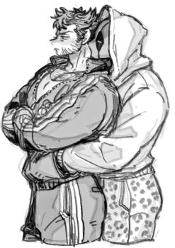 2boys animification chest_hair closed_eyes closed_mouth cowboy_shot crossed_arms deadpool deadpool_&amp;_wolverine deadpool_(series) dishing facial_mark greyscale half-closed_eyes highres hood hoodie hug hug_from_behind jacket long_sleeves looking_to_the_side male_focus marvel mask messy_hair monochrome multiple_boys muscular muscular_male pants pocket shirt short_hair simple_background standing superhero_costume t-shirt track_jacket track_pants track_suit v-shaped_eyebrows wolverine_(x-men) x-men yaoi zipper