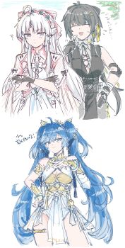 3girls ahoge ancient_greek_clothes armlet bare_shoulders black_dress black_gloves black_hair blue_eyes blue_hair bow breasts carlotta_(wuthering_waves) cleavage closed_eyes closed_mouth commentary_request cross-laced_clothes cross-laced_dress crossed_arms dress elbow_pads female_rover_(wuthering_waves) gloves gold_bra greco-roman_clothes grey_hair hachikuma_z hair_bow hair_ribbon hairband hand_on_own_hip highres iuno_(wuthering_waves) jacket jewelry laurel_crown long_hair looking_at_viewer medium_breasts multiple_girls open_mouth pink_bow pink_hairband pink_jacket ribbon rover_(wuthering_waves) smile twintails vambraces white_dress wuthering_waves yellow_ribbon