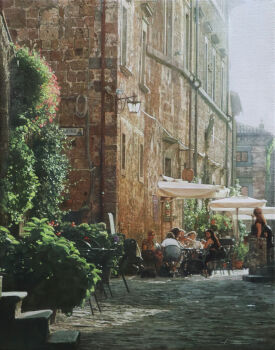 absurdres brick_wall flower hashtag-only_commentary highres naohiro_ito oil_painting_(medium) original overgrown painting_(medium) path people pink_flower plant road shadow street sunlight traditional_media umbrella umbrella_stand vines wall_lamp white_umbrella