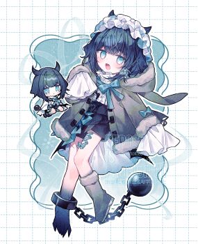 1boy animal_hood ball_and_chain_restraint black_shorts blue_bow blue_bowtie blue_eyes blue_hair blue_skin boots border bow bowtie brown_jacket chibi chibi_inset colored_extremities colored_skin commentary empty_eyes eringikinono frilled_hairband frills fur-trimmed_jacket fur_trim green_background grid_background hairband highres hood horns jacket looking_at_viewer male_focus open_mouth original shirt shorts signature simple_background single_boot smile tied_sleeves watermark white_background white_shirt
