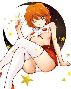 adapted_costume alternate_breast_size_(larger) breasts brown_hair crescent_moon eichi1219 female_focus magical_girl mahou_tsukai_sally moon no_bra panties short_hair skirt solo star_(symbol) thighhighs underboob underwear white_panties yumeno_sally