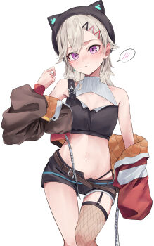 1girl absurdres animal_ear_headwear belt black_shorts blush bomber_jacket breasts brown_belt brown_jacket cleavage closed_mouth commentary_request crop_top cropped_jacket double-parted_bangs fake_animal_ears feet_out_of_frame fishnet_thighhighs fishnets frown hand_up highres jacket komori_met komori_met_(5th_costume) long_hair long_sleeves looking_at_viewer micro_shorts navel purple_eyes quilted_jacket sakahana shorts simple_background single_thighhigh small_breasts solo spoken_blush star_(symbol) stomach thigh_strap thighhighs virtual_youtuber vspo! white_background white_hair