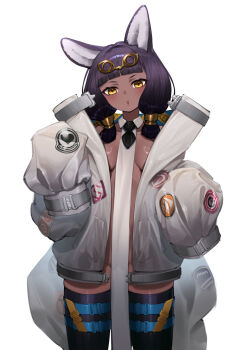 1girl :o absurdres animal_ears arknights black_hair black_necktie black_thighhighs blush breasts cat_ears cat_girl chinese_commentary commentary_request cowboy_shot dark-skinned_female dark_skin detached_collar ghosty_(xiaobai) highres jacket long_sleeves low_twintails medium_breasts multiple_thigh_straps naked_jacket necktie no_bra open_clothes open_jacket open_mouth orange_eyes short_necktie simple_background sleeves_past_wrists solo standing thigh_strap thighhighs titi_(arknights) twintails white_background white_jacket