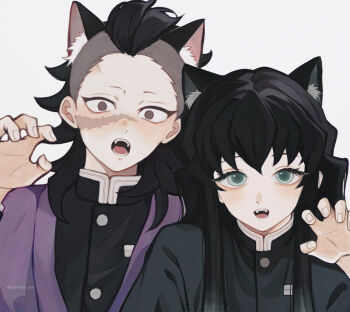 2boys animal_ears aqua_eyes black_hair buttons cat_boy cat_ears demon_slayer_uniform fangs fingernails grey_eyes grey_hair hand_up high_collar highres kimetsu_no_yaiba long_hair looking_at_viewer male_focus multiple_boys open_mouth paw_pose shinazugawa_genya simple_background susimesi_sun teeth tokitou_muichirou white_background