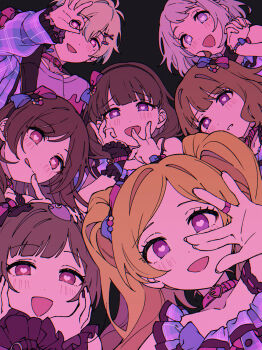 1boy 6+girls absurdres bandaid bandaid_on_finger bandaid_on_hand bandaid_on_neck black_shirt black_wrist_cuffs blonde_hair blue_bow blue_jacket blue_shirt blue_streaks bow bracelet bright_pupils brown_hair character_request choker commentary_request company_connection emily_stewart fingernails frilled_wrist_cuffs frills gakuen_idolmaster group_picture hair_bow hakozaki_serika hanazono_momohito hand_up heart heart-shaped_pupils highres idolmaster idolmaster_cinderella_girls idolmaster_million_live! idolmaster_million_live!_theater_days idolmaster_side-m jacket jewelry katsuragi_lilja long_hair long_sleeves looking_at_viewer medium_hair multicolored_bow multicolored_hair multiple_girls niyororinpayamaru open_mouth osaki_amana own_hands_clasped own_hands_together parted_bangs pink_bow pink_choker pink_eyes plaid_clothes plaid_jacket purple_eyes sakuma_mayu shirt short_hair sidelocks streaked_hair suou_momoko swept_bangs symbol-shaped_pupils tongue tongue_out twintails upper_body wavy_hair white_hair wispy_bangs wrist_belt wrist_cuffs