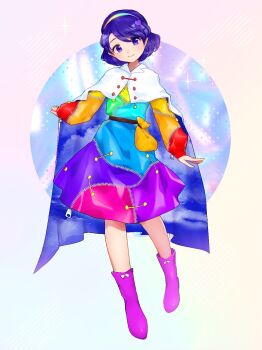 1girl belt belt_pouch boots bow brown_belt cape circle closed_mouth collared_cape commentary dress footwear_bow full_body gradient_background hairband head_tilt highres leg_up long_sleeves motsi_x multicolored_dress multicolored_hairband patchwork_clothes pouch puffy_long_sleeves puffy_sleeves purple_boots purple_eyes purple_hair rainbow_hairband short_hair sky_print smile solo sparkle standing swept_bangs tenkyuu_chimata touhou two-sided_cape two-sided_fabric zipper_pull_tab