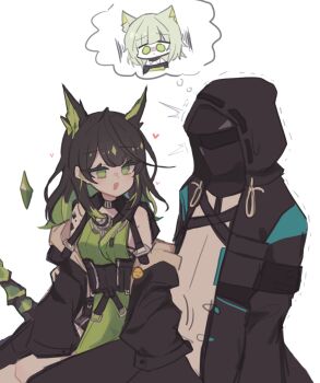 1other 2girls :d ahoge animal_ears arknights black_coat black_hair cat_ears coat colored_tips doctor_(arknights) dot_nose dress emoji green_dress green_eyes green_hair heart highres hmrsh hood hood_up hooded_coat huge_ahoge jacket kal&#039;tsit_(arknights) long_hair long_sleeves looking_at_another material_growth mon3tr_(arknights) multicolored_hair multiple_girls no_pupils off_shoulder open_clothes open_coat open_jacket open_mouth oripathy_lesion_(arknights) short_hair simple_background smile smiley_face speech_bubble spoken_character stethoscope thought_bubble trembling white_background