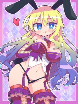 1girl :q absurdres argyle_background black_panties blonde_hair blue_eyes blue_hair blush_stickers border bow bowtie breasts bright_pupils commentary_request commission cowboy_shot detached_collar elbow_gloves gloves gradient_hair hand_up heart highleg highleg_panties highres large_breasts leotard long_hair looking_at_viewer multicolored_hair open_mouth original outline outside_border panties pink_border playboy_bunny purple_background purple_gloves purple_leotard purple_thighhighs red_bow red_bowtie richard_(richaball) skeb_commission skindentation smile solo strapless strapless_leotard thighhighs tongue tongue_out underwear white_outline white_pupils
