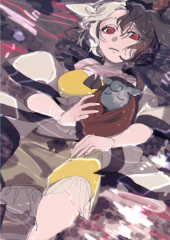 1girl absurdres animal_ears breasts commentary_request cow_ears cow_girl cow_horns expressionless frills hair_between_eyes highres horns jacket large_breasts lying lying_on_water medium_hair multicolored_hair navel on_back open_clothes open_jacket red_eyes shi_chimi shorts solo tank_top touhou two-tone_hair ushizaki_urumi white_jacket yellow_shorts yellow_tank_top