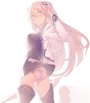 10s 1girl artist_self-insert ass bad_id bad_pixiv_id blue_eyes blush breasts character_request gakusen_toshi_asterisk gloves julis-alexia_von_riessfeld kanjy00u long_hair looking_at_viewer looking_back ningen_(ningen96) object_on_head open_mouth panties panties_on_head silver_hair smile sword thighhighs underwear weapon