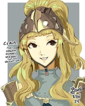 Rule 34 | 1girl, armor, blonde hair, brown eyes, character name, clair (fire emblem), commentary, dated, english commentary, english text, facing viewer, fire emblem, fire emblem echoes: shadows of valentia, helm, helmet, high ponytail, highres, kaen (yoltablaze), looking to the side, nintendo, ponytail, shoulder armor, smile, solo, upper body