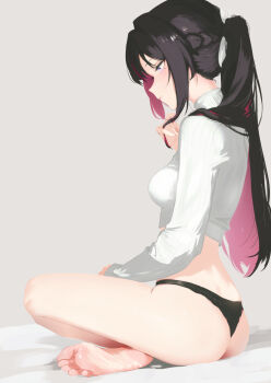 1girl alternate_costume ass azki_(hololive) bare_legs barefoot black_hair black_panties blush bow braid breasts closed_mouth cohi27151463 colored_inner_hair commentary cropped_sweater crossed_legs expressionless feet from_side full_body grey_background hair_bow hair_intakes half_up_braid hashtag-only_commentary highres holding holding_own_hair hololive indian_style long_hair long_sleeves looking_down medium_breasts midriff mole mole_under_eye multicolored_hair no_pants panties pink_hair ponytail profile purple_eyes ribbed_sweater simple_background sitting soles solo streaked_hair sweater toes turtleneck turtleneck_sweater two-tone_hair underwear virtual_youtuber white_bow white_sweater