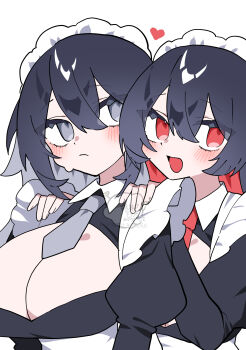 2girls :d absurdres apron black_dress black_hair blush breasts bursting_breasts cleavage cleavage_cutout clothing_cutout collared_dress colored_inner_hair commentary_request dress frown grey_eyes grey_hair grey_necktie happy head_tilt heart highres himeka_(oimotororo1116) huge_breasts long_hair looking_at_viewer maid maid_apron maid_headdress multicolored_hair multiple_girls necktie nervous oimotororo1116 open_mouth original red_eyes red_hair red_necktie shoulder_massage siblings sisters smile sweat thick_eyelashes yuuka_(oimotororo1116)