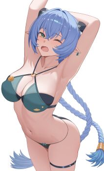 1girl absurdres adapted_costume armpits arms_up black_panties blue_hair braid braided_twintails breasts egert goat_girl goat_horns highres horns large_breasts lucia_elowen navel o-ring o-ring_top one_eye_closed open_mouth panties pointy_ears simple_background solo stomach thigh_strap underwear white_background zenless_zone_zero