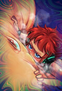 2022 2girls abstract_background artist_name asphyxiation bare_arms blue_eyes blush bracelet close-up commentary dizz_(onkinky) english_commentary female_focus giant giantess headgear heart highres jewelry joints mechanical_arms mini_person minigirl multiple_girls nose_blush onkinky original red_hair robot_joints sexually_suggestive short_hair sidelocks size_difference steam sweat tsurime