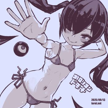 1girl arm_behind_head armpit_crease backbeako_(torotei) backbeard bikini blue_background blue_theme blush breasts closed_mouth commentary_request cowboy_shot dated dated_commentary dutch_angle gegege_no_kitarou hair_over_one_eye kono_lolicon_domome loli long_hair looking_at_viewer micro_bikini monochrome navel one_eye_closed original outstretched_arm paid_reward_available pointy_ears ribs side-tie_bikini_bottom simple_background small_breasts smile solo swimsuit torotei translated twintails variant_set very_long_hair watermark web_address