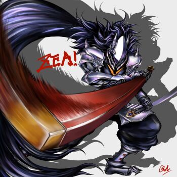 Rule 34 | 1boy, armor, black hair, blazblue, gauntlets, hakumen, highres, holding, holding sword, holding weapon, long hair, male focus, mask, messy hair, solo, sword, weapon