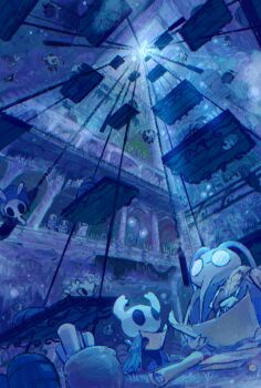 1boy 1other antennae arched_window bag balcony black_skin blipbugbug bug carapace chain colored_skin commentary_request cornifer from_below grey_cloak gruzzer_(hollow_knight) highres holding holding_map holding_paper holding_quill hollow_eyes hollow_knight horned_mask in-universe_location knight_(hollow_knight) map mask nail_(hollow_knight) paper perspective pillar plant platform proboscis quill railing round_eyewear scenery scroll sign standing tiktik_(hollow_knight) vanishing_point wandering_husk_(hollow_knight) weapon weapon_on_back white_mask window