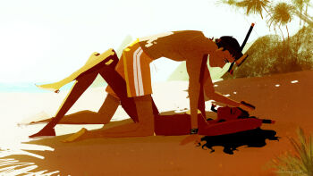 1boy 1girl beach bikini black_hair boy_on_top closed_eyes commentary couple dark-skinned_female dark_skin english_commentary hetero long_hair looking_at_another original outdoors pascalcampion short_hair shorts snorkel swimsuit watch wristwatch yellow_shorts