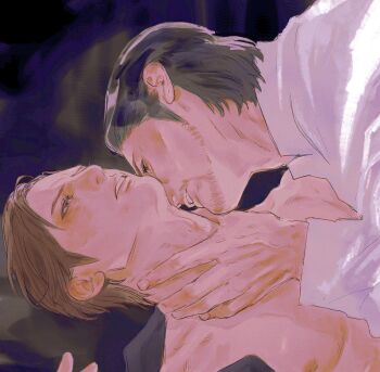 Rule 34 | 2boys, adam's apple, ahoge, beard, black hair, blush, brown eyes, brown hair, commentary request, dojima daigo, dress shirt, facial hair, hair slicked back, hand on another's neck, male focus, mine yoshitaka, multiple boys, open clothes, open shirt, partially undressed, ryuu ga gotoku (series), ryuu ga gotoku 3, shirt, tyag53, yaoi