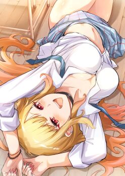 1girl arms_up black_choker blonde_hair blush bracelet breasts choker cleavage collarbone commentary_request ear_piercing earrings fingernails gradient_hair gyaru jewelry kitagawa_marin large_breasts long_fingernails long_hair looking_at_viewer lying multicolored_hair navel necktie on_back on_floor pariya_0001 piercing pink_nails plaid_clothes plaid_skirt red_eyes shirt skirt smile solo sono_bisque_doll_wa_koi_wo_suru thighs undone_necktie white_shirt